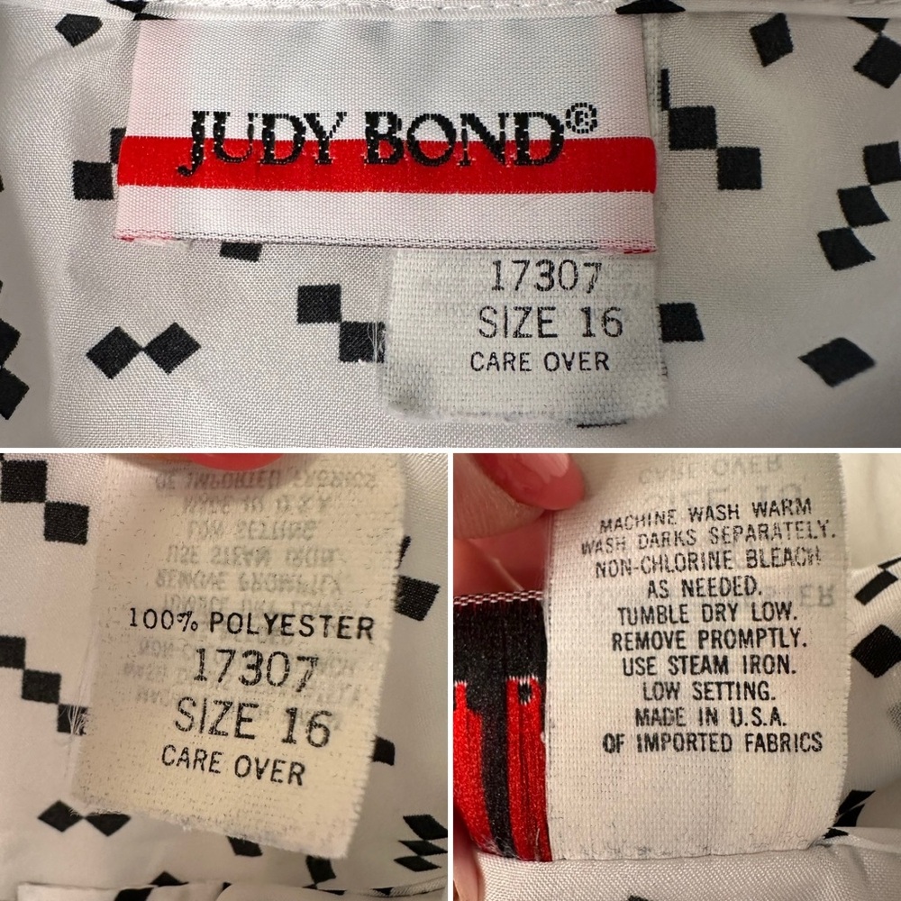 Vintage Judy Bond 70s Blouse White Black Dot Print Bow Neck Secretary Top Large - Picture 12 of 13